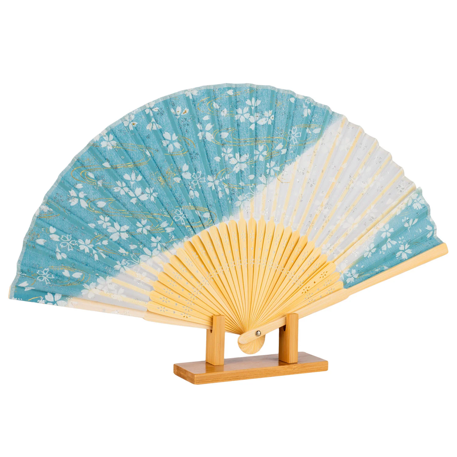 Baby Blue Cherry Blossom Japanese Folding Fan - Image 4