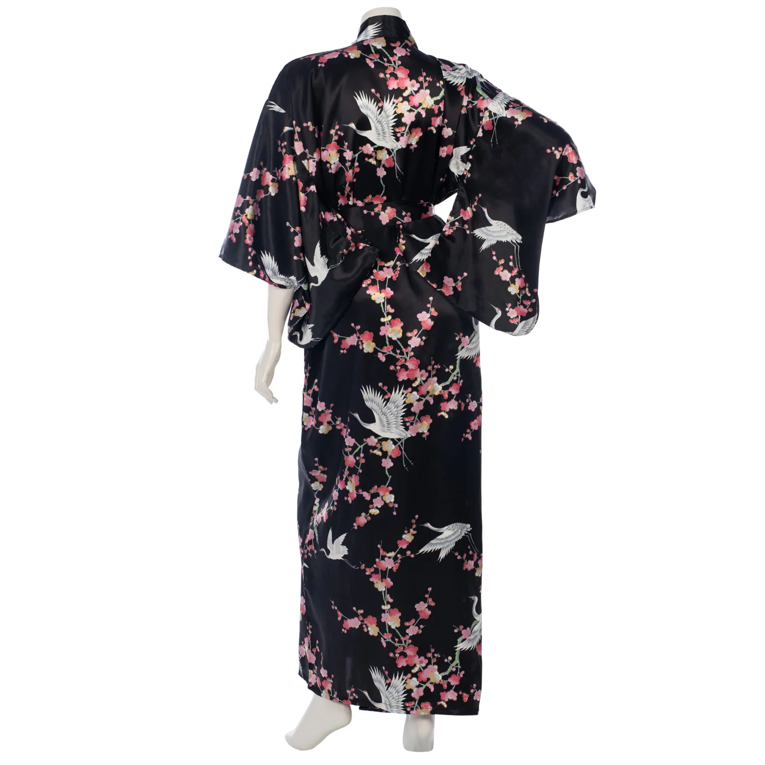 Black Crane and Pink Blossom Long Silk Kimono - Image 2