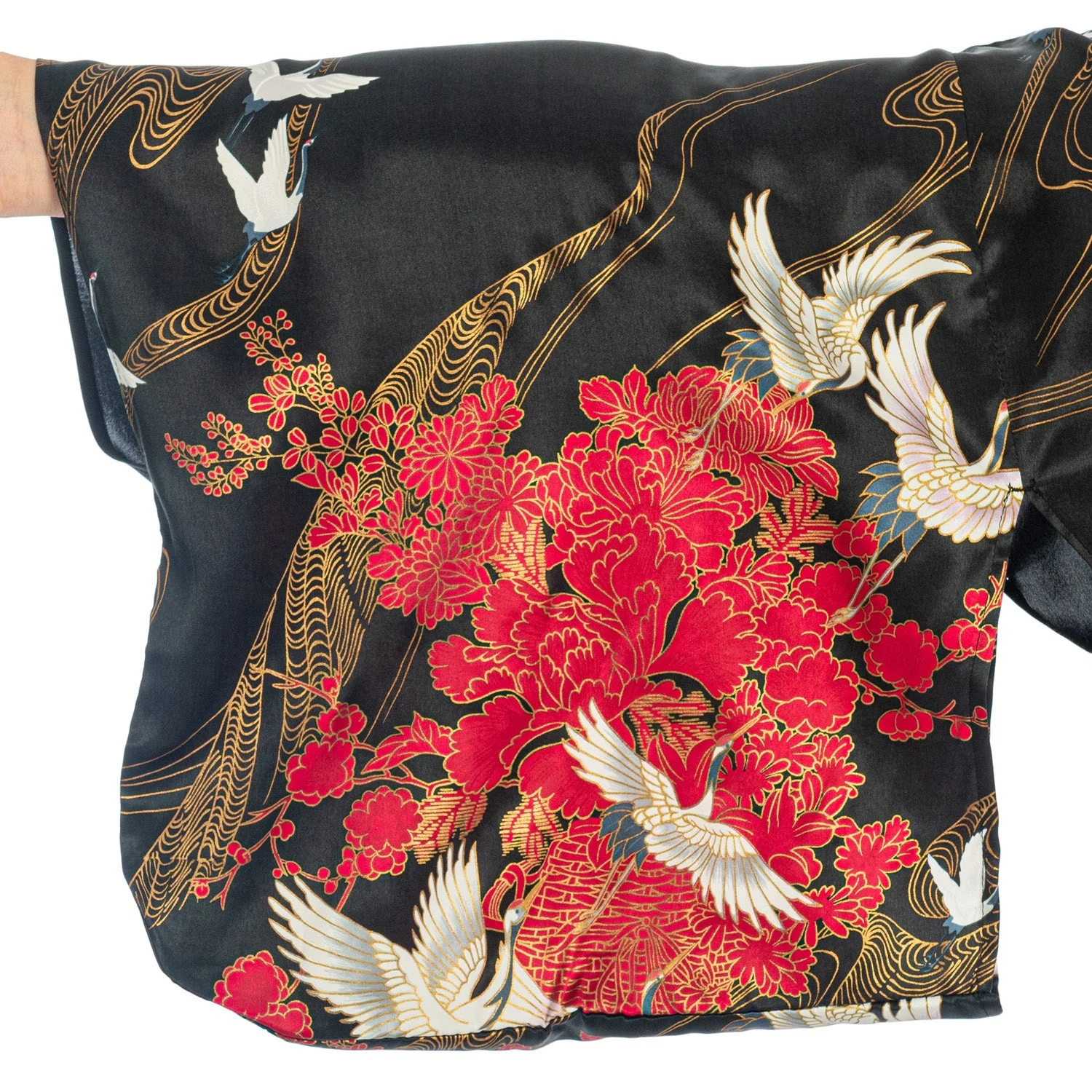 Silk Crane Print Long Black Japanese Kimono XL - Image 3