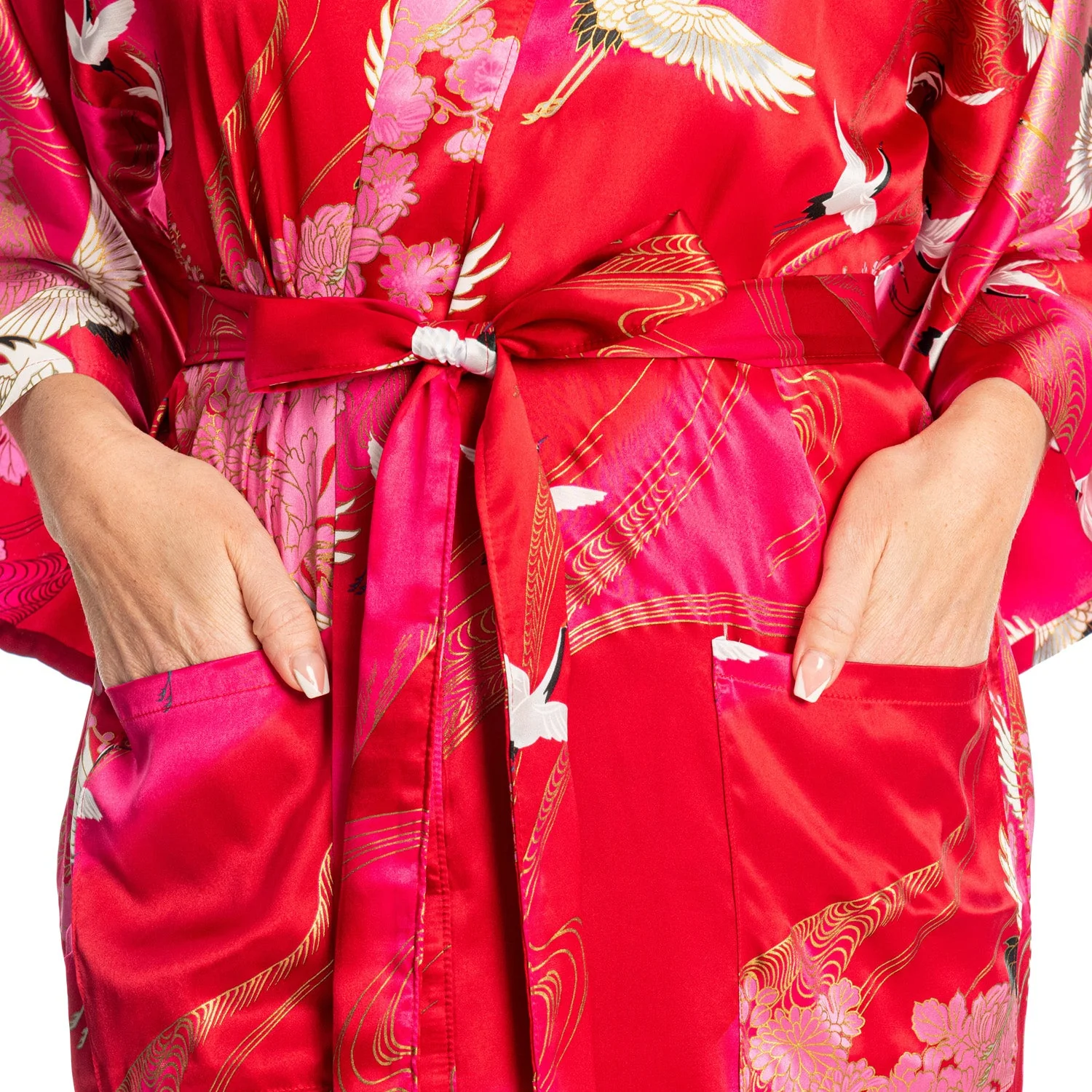 Silk Crane Print Short Red Japanese Kimono - Image 3