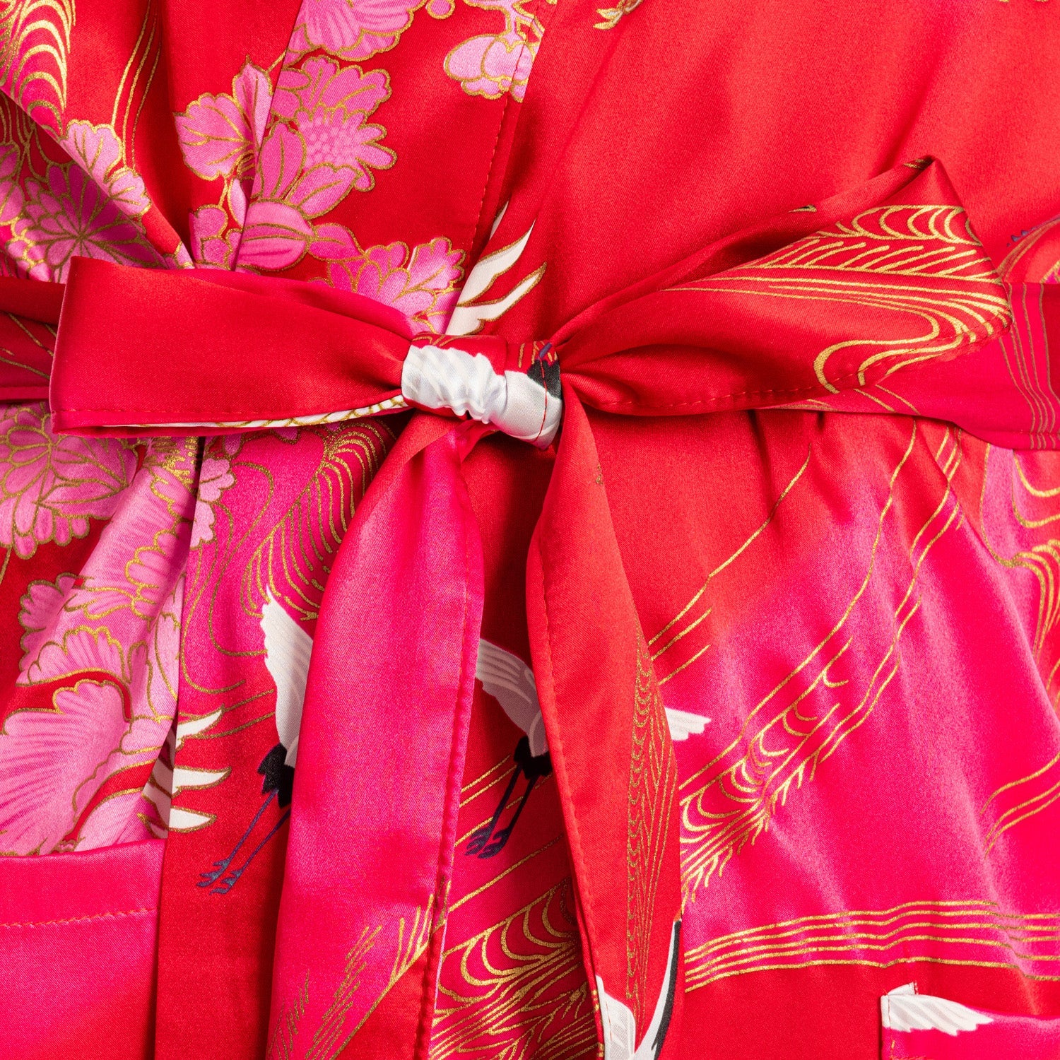 Silk Crane Print Short Red Japanese Kimono - Image 4