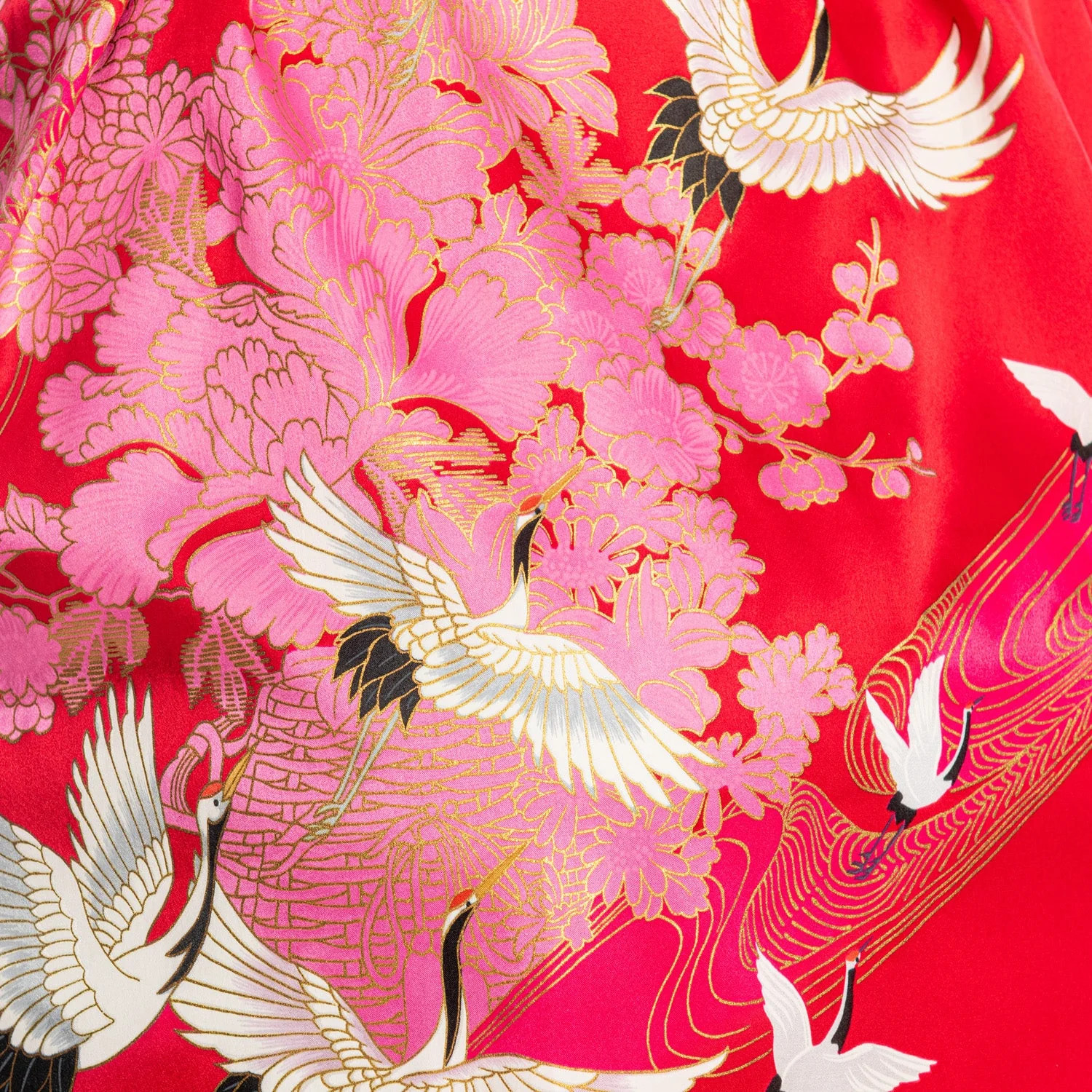 Silk Crane Print Short Red Japanese Kimono - Image 5