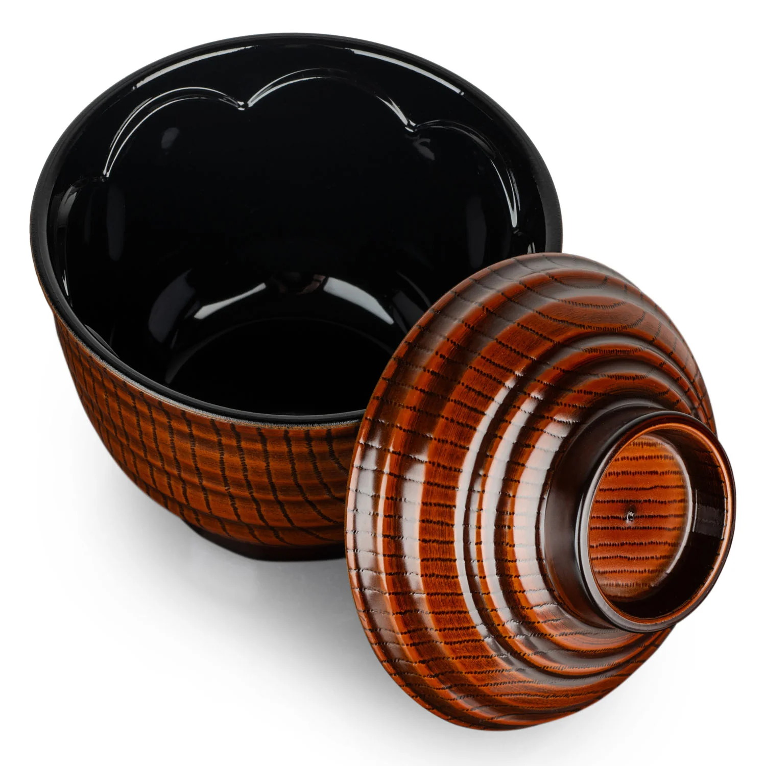 Woodgrain Effect Japanese Lacquer Soup Bowl and Lid - Image 3